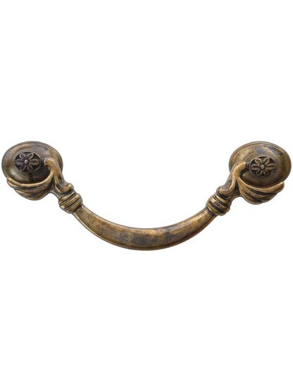 Flower Post Bail Pull - 3.78 inch Center-to-Center in Antique Brass Distressed.